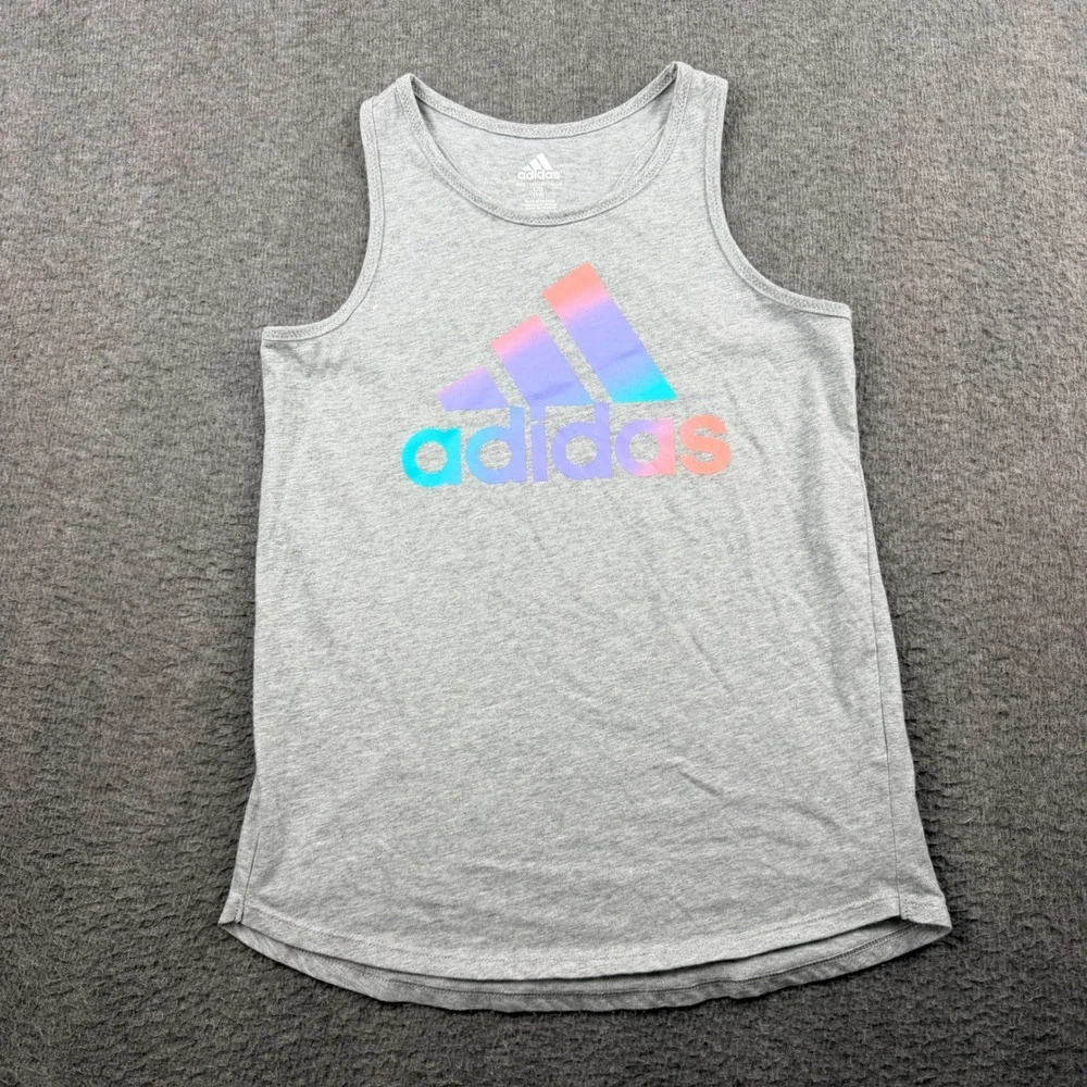 Adidas Girls Gray Racerback Tank Top Kids Large 14‎ Iridescent Logo Sleeveless